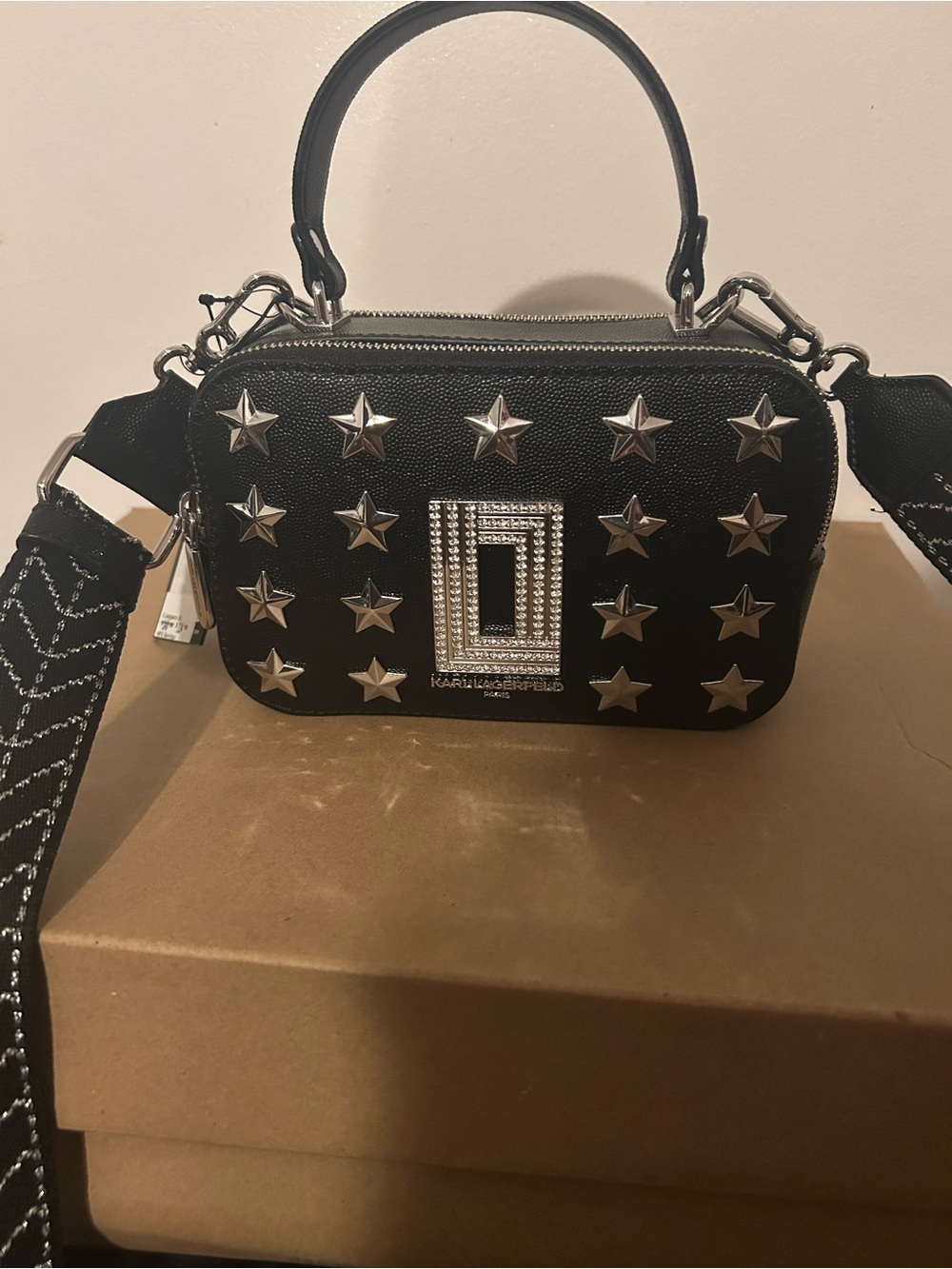 KARL LAGERFELD Paris Simone Star Crossbody Top Handle Black Rhinestone NWT